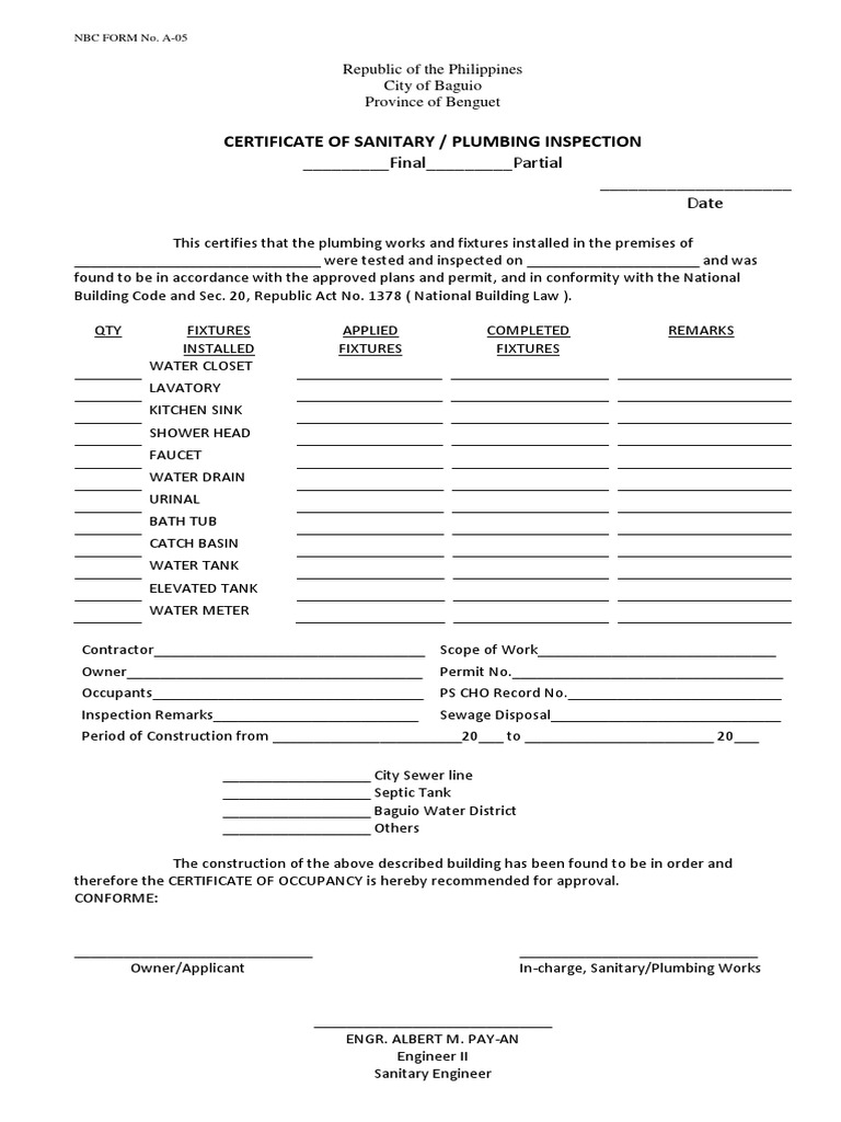 Certificate of Sanitary - Plumbing Inspection | PDF | Plumbing | Sewerage