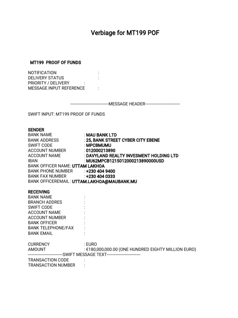 MT199 Proof of Funds Template | PDF
