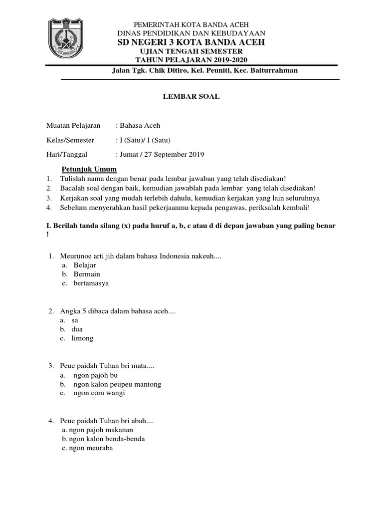 Lembar Soal Bahasa Aceh Kelas 1