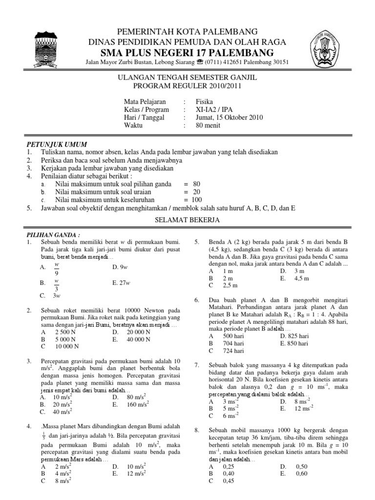 Contoh Soal Uas Fisika Kelas 11 Semester 1 Berbagai Contoh