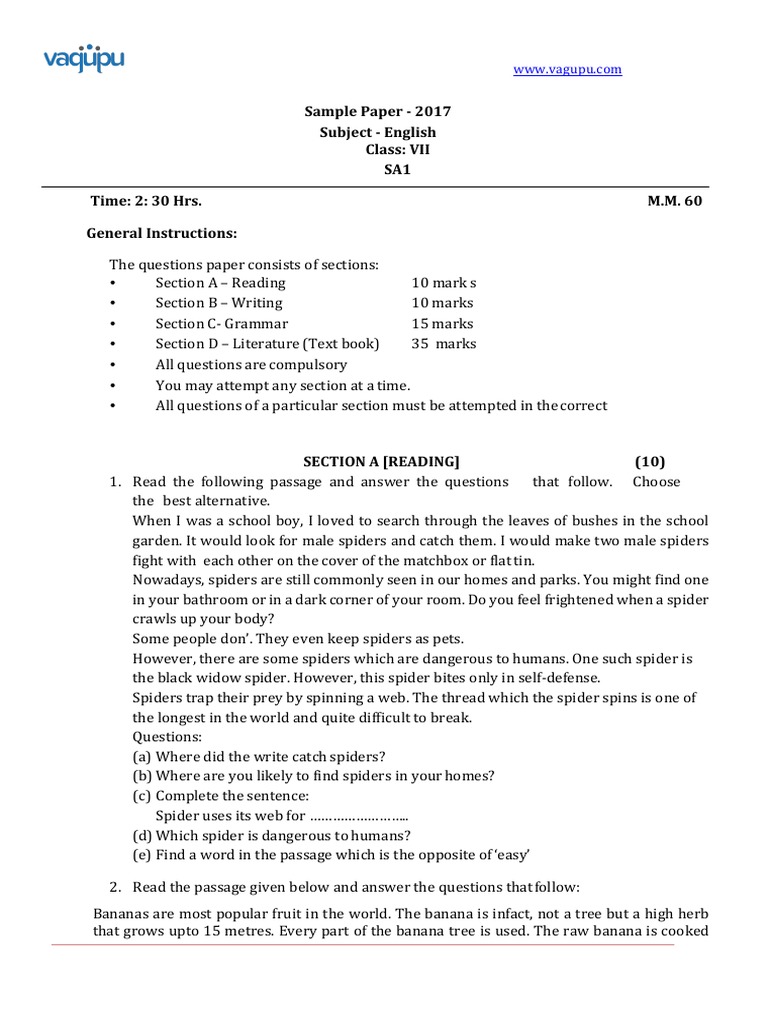 Class 7 English Sample Paper 2025 | PDF | Banana | Spider