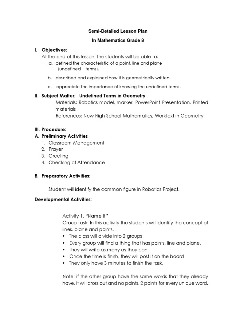 Grade 8 Geometry Lesson Plan | PDF | Line (Geometry) | Plane (Geometry)