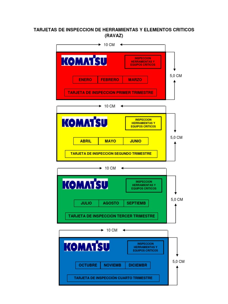 Tarjetas de inspección trimestral y mensual para herramientas, equipos ...