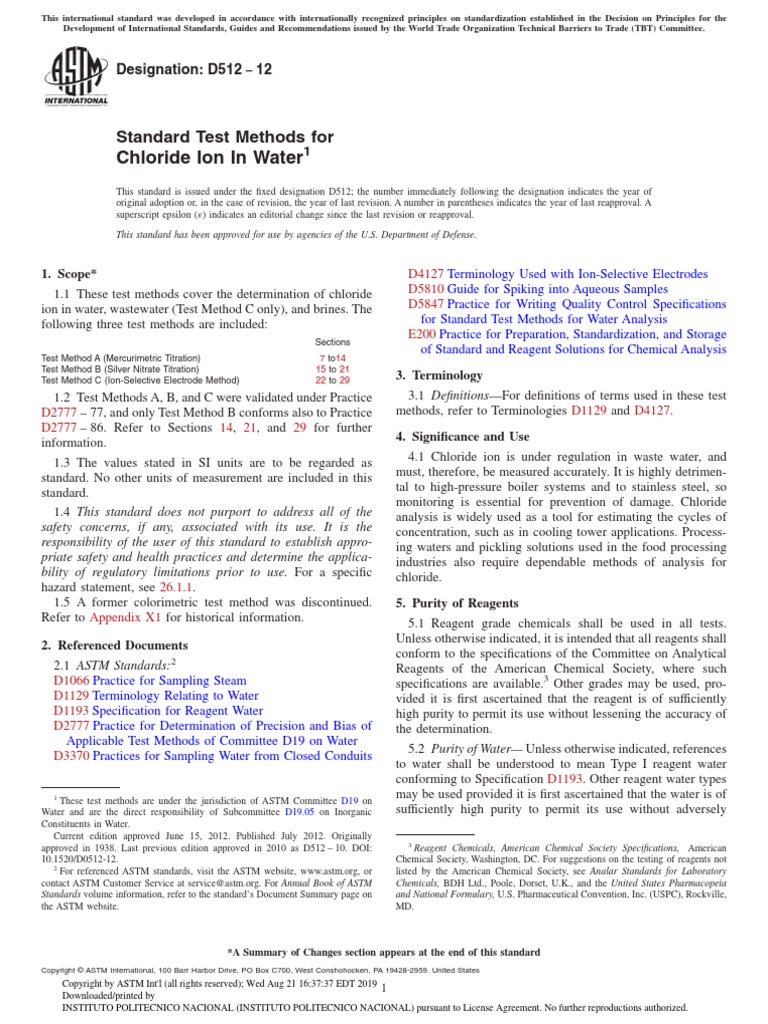 Standard Test Methods For Chloride Ion in Water PDF Ph Titration