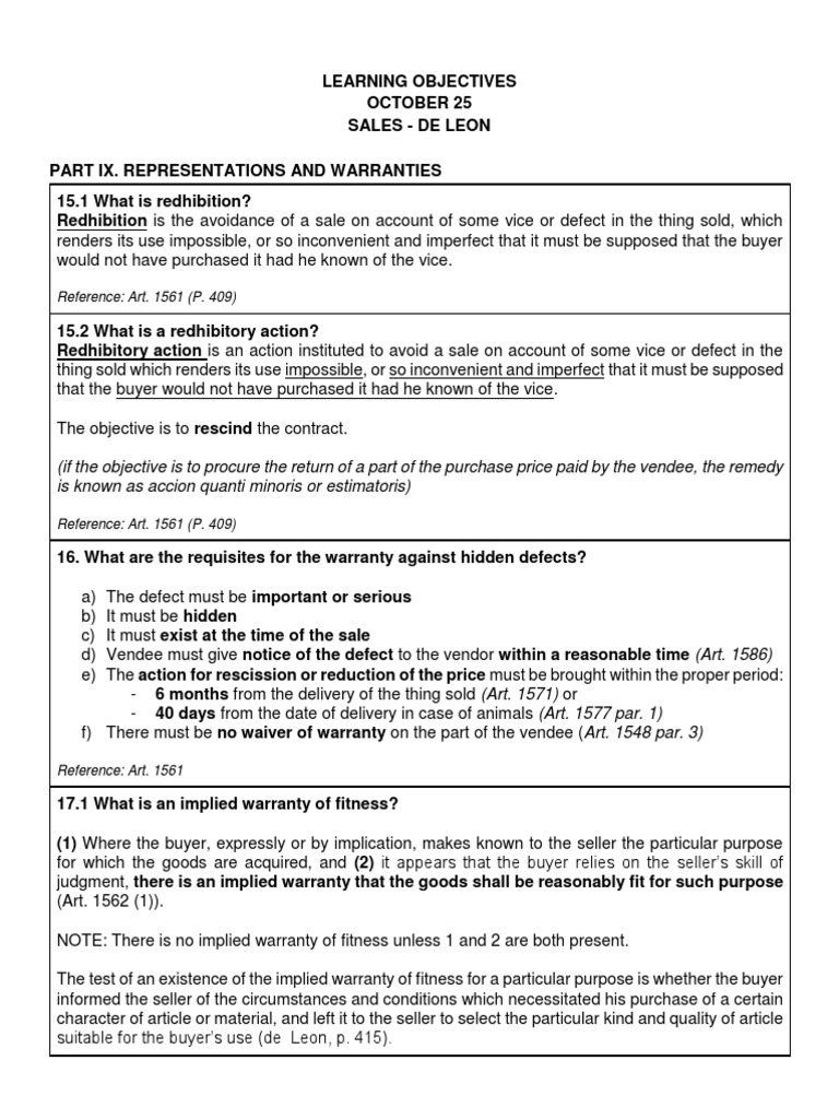 Learning Objectives October 25 PDF Implied Warranty Breach Of