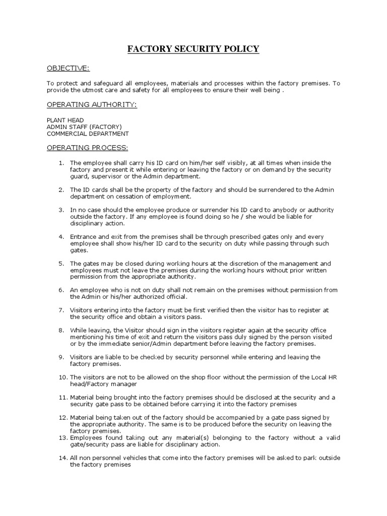 Factory Security Policy PDF PDF Social Institutions Social Science