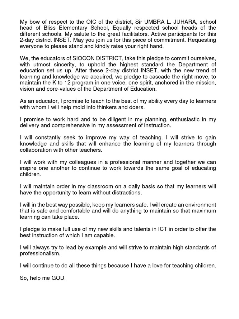 Teacher Commitment Pledge Statement | PDF