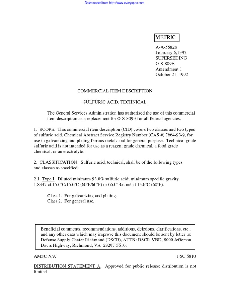 Technical Specification for Sulfuric Acid | PDF | Packaging And ...
