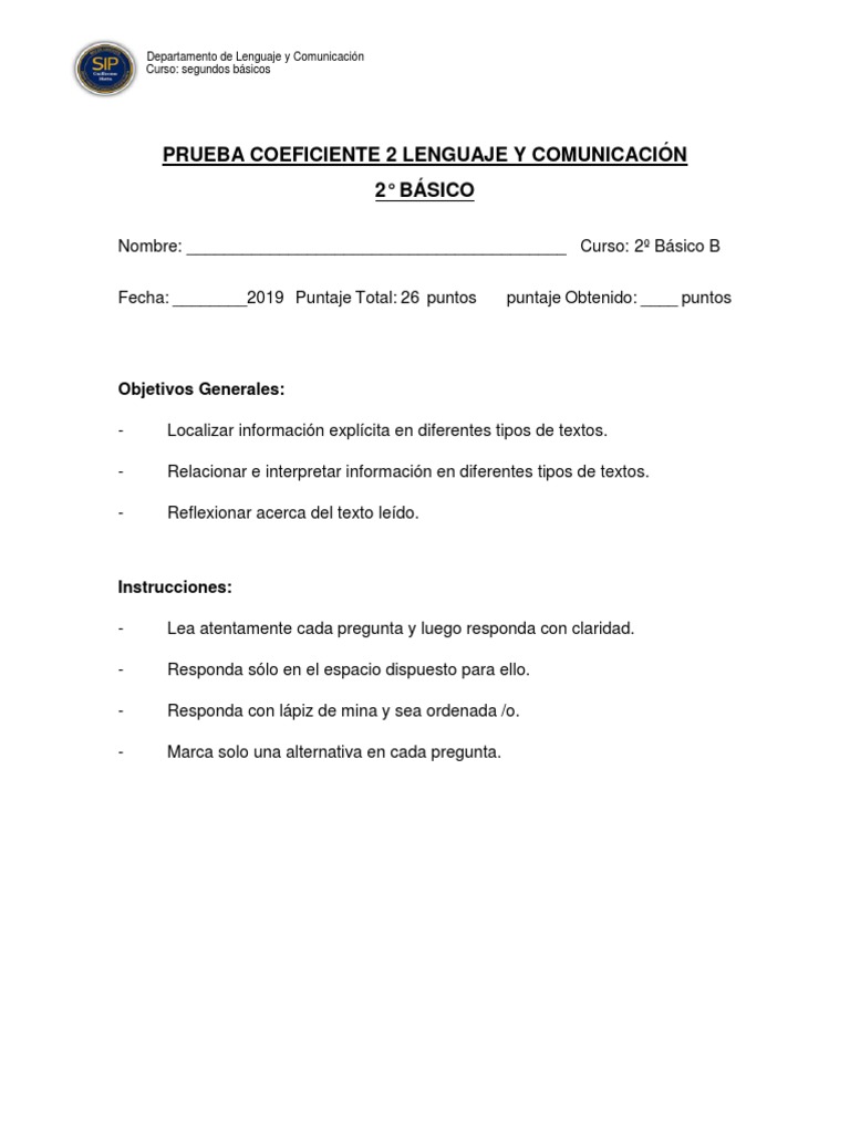 Prueba de Lenguaje 2° Básico | PDF | Cuasimodo
