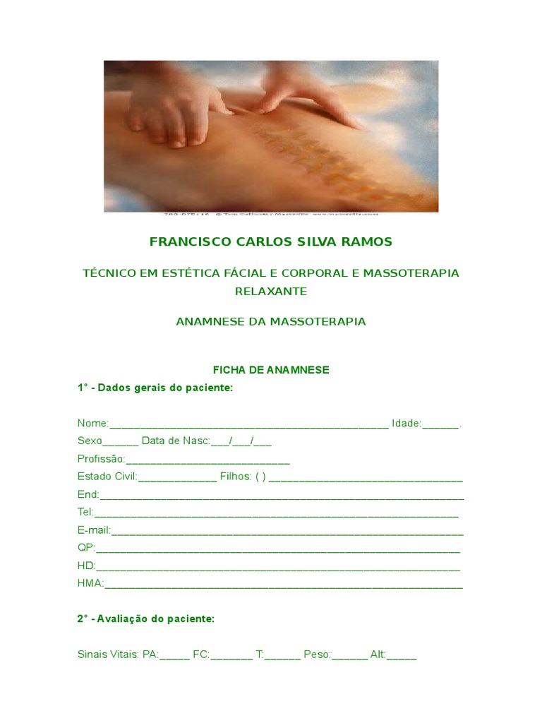 A anamnese na massoterapia para imprimir - Massagem terapeutica