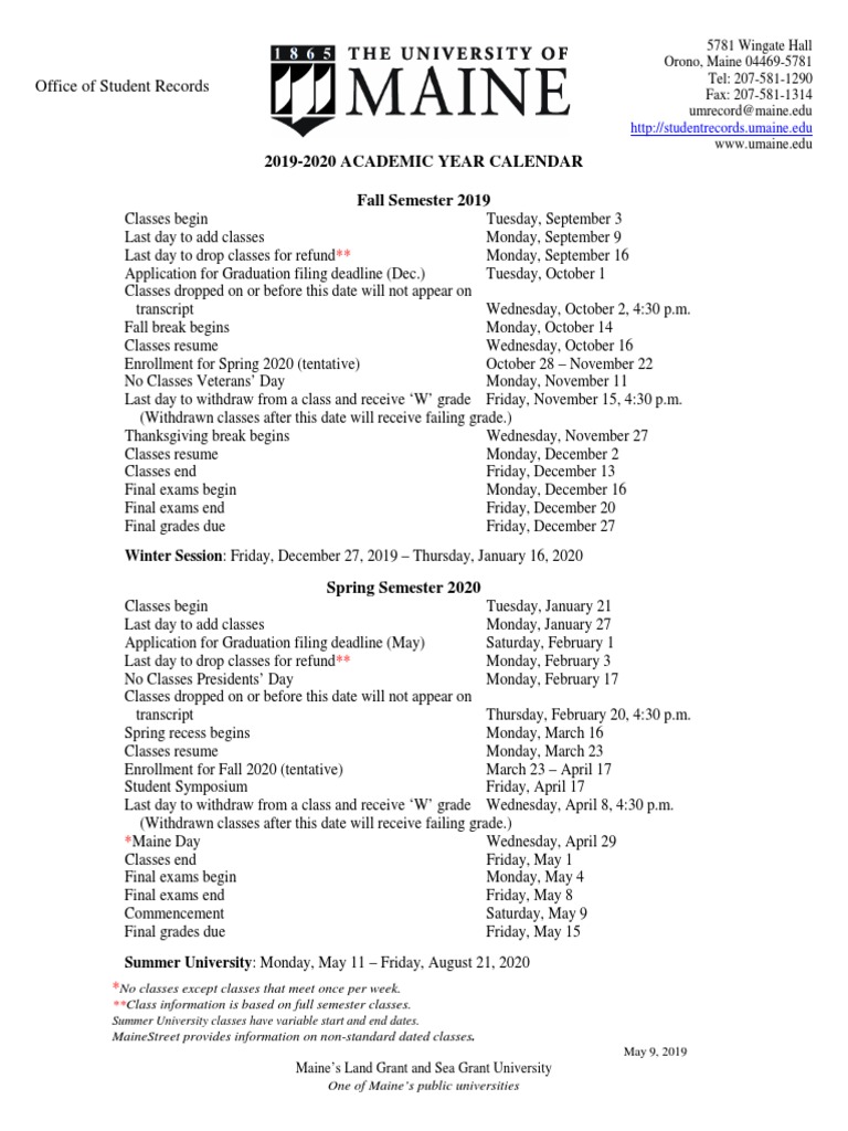 University of Maine Academic Calendar 2019-20 | PDF | Academic Term | Academia