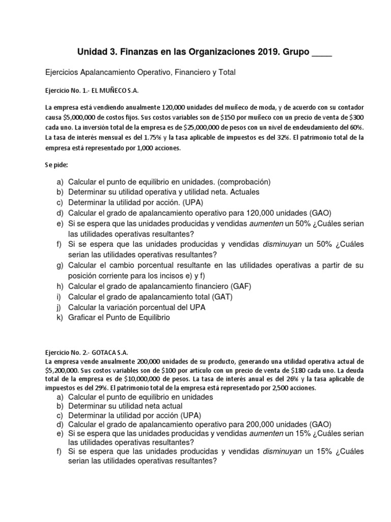 Ejercicios de Apalancamiento y Punto de Equilibrio | PDF ...