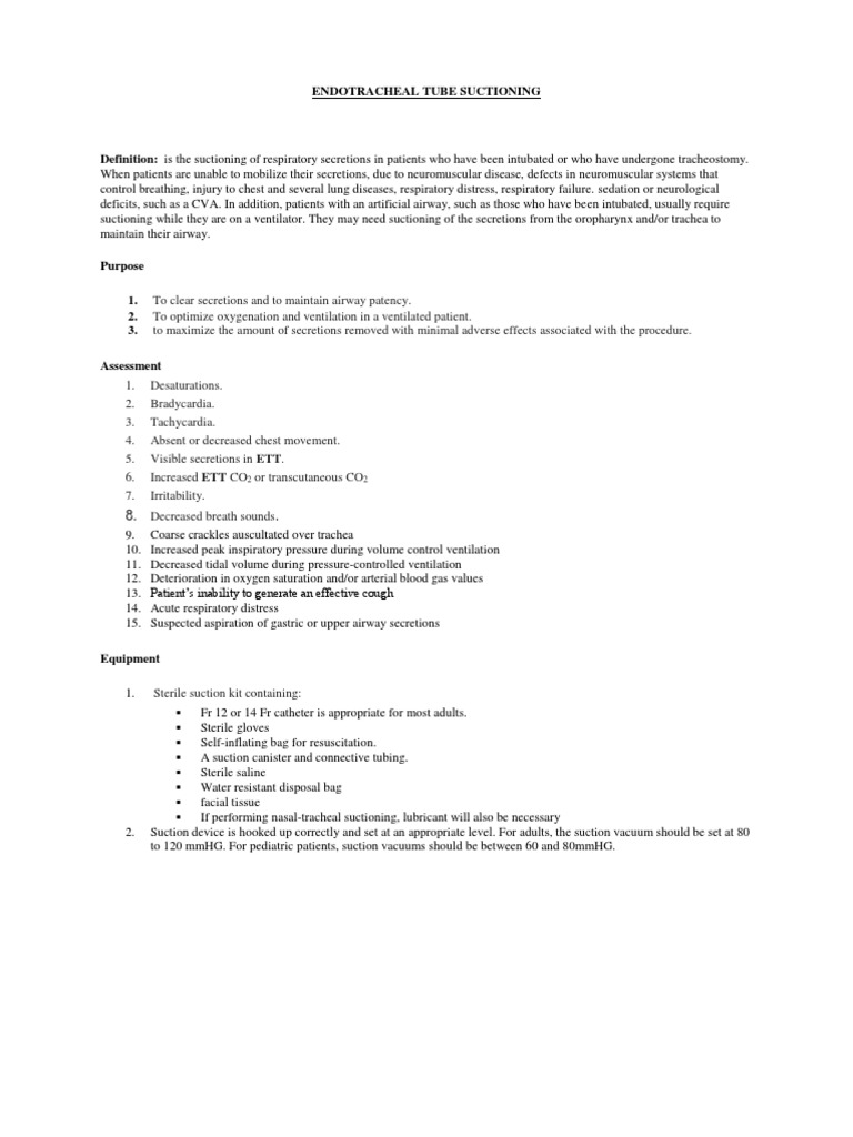 Endotracheal Tube Suctioning Procedure | PDF | Respiratory System ...