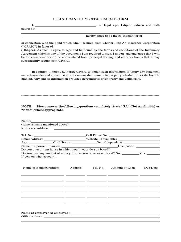 Co-Indemnitor Statement Form | PDF | Sole Proprietorship | Bonds (Finance)