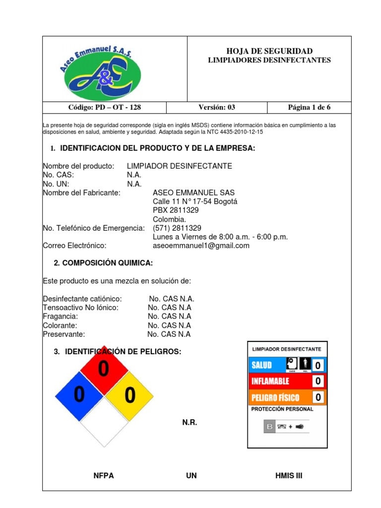 HOJA DE SEGURIDAD LIMPIADORES DESINFECTANTES EMMANUEL.pdf Dióxido de