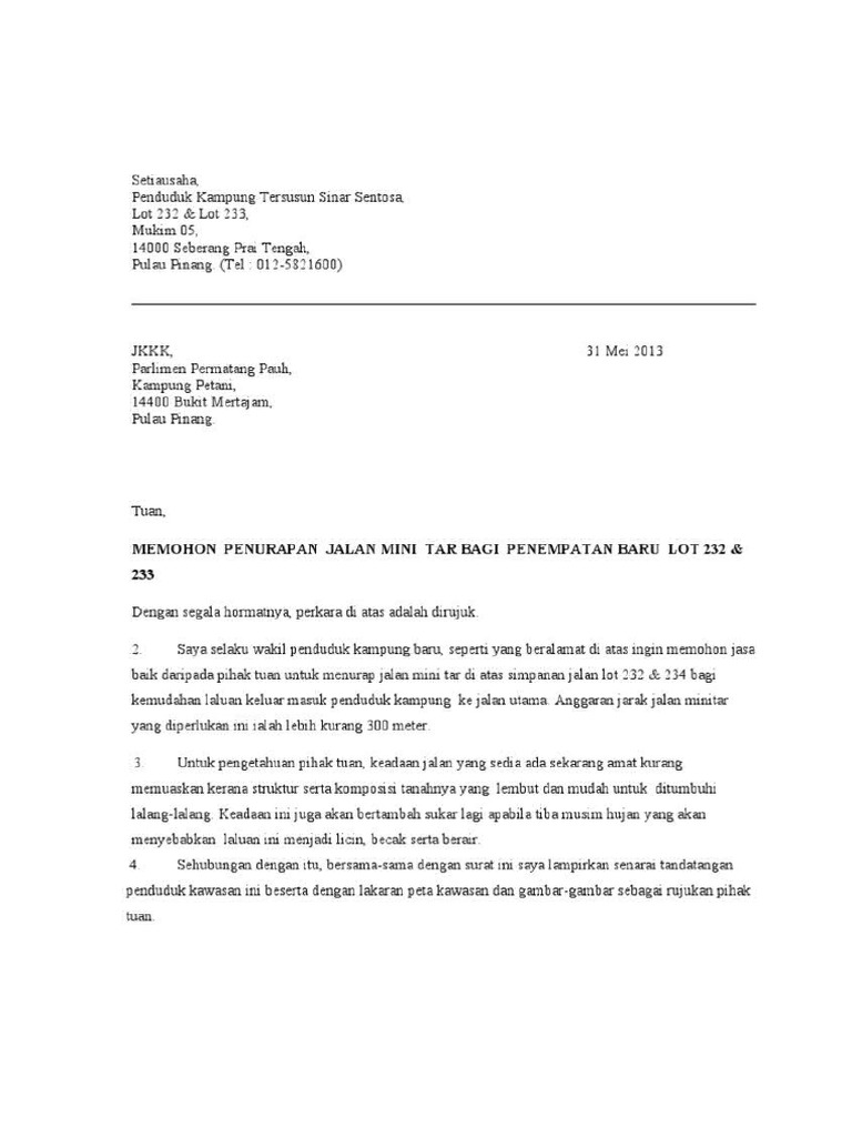 Contoh Surat Memohon Penurapan Jalan Raya Pdf