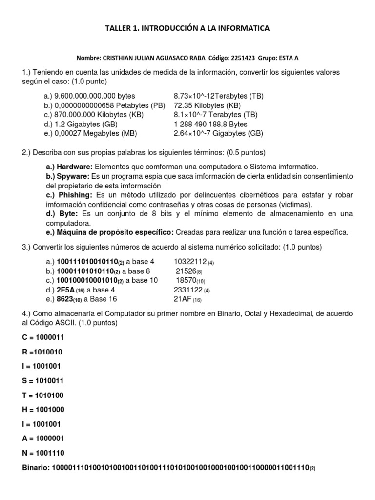 TALLER 1 - Introduccion A La Informatica | PDF | Byte | Ingeniería ...