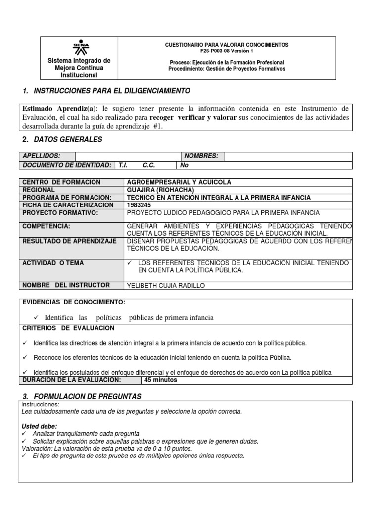 Evaluacion Final Guia 1 | PDF | Educación de la primera infancia ...