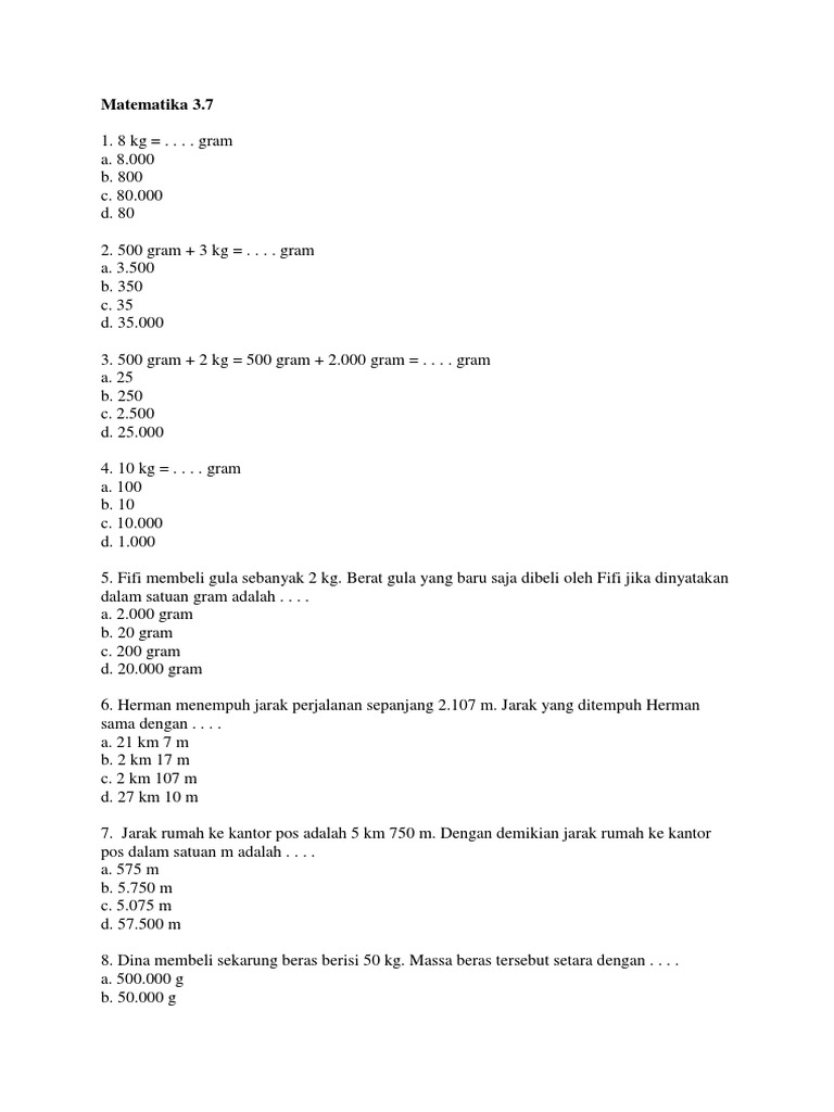 Soal Matematika Kelas 3 SD Semester 1 | PDF