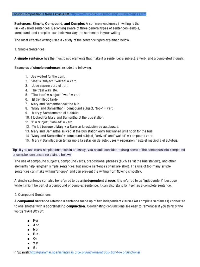 Complex Vs Simple Sentences | PDF | Sentence (Linguistics) | Lexical ...