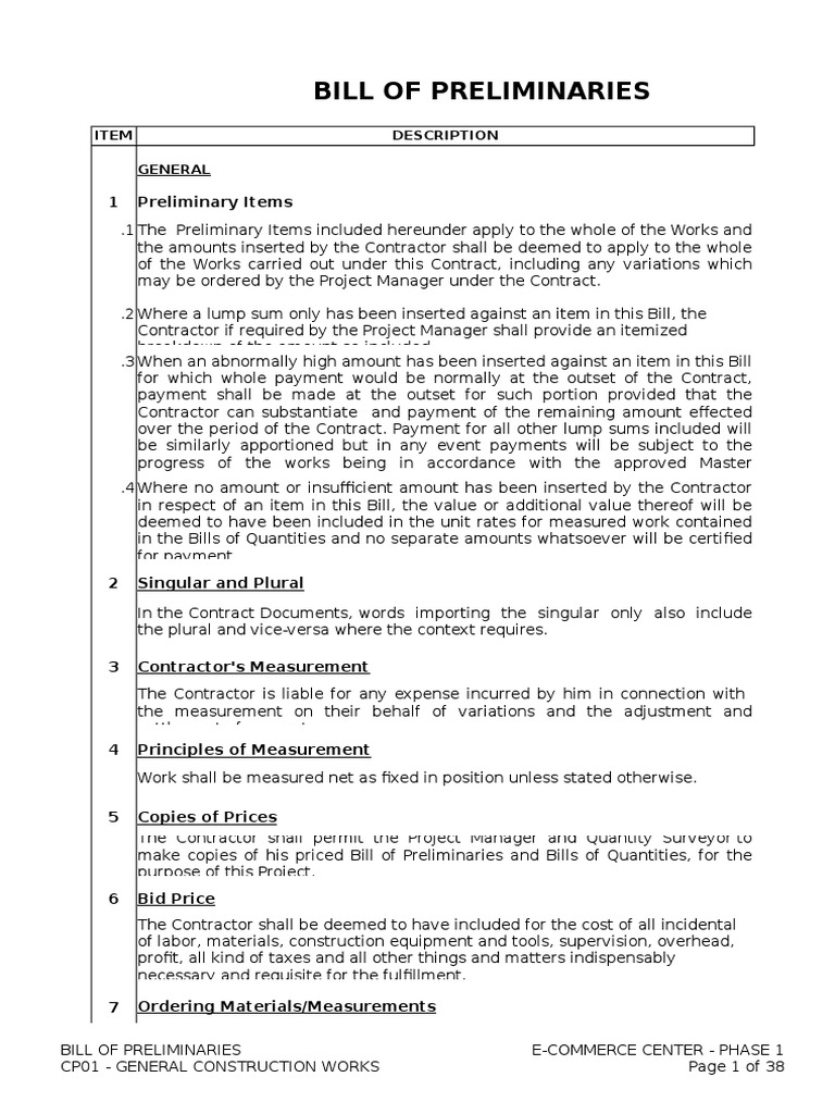 Key Preliminary Items in Construction | PDF | General Contractor ...