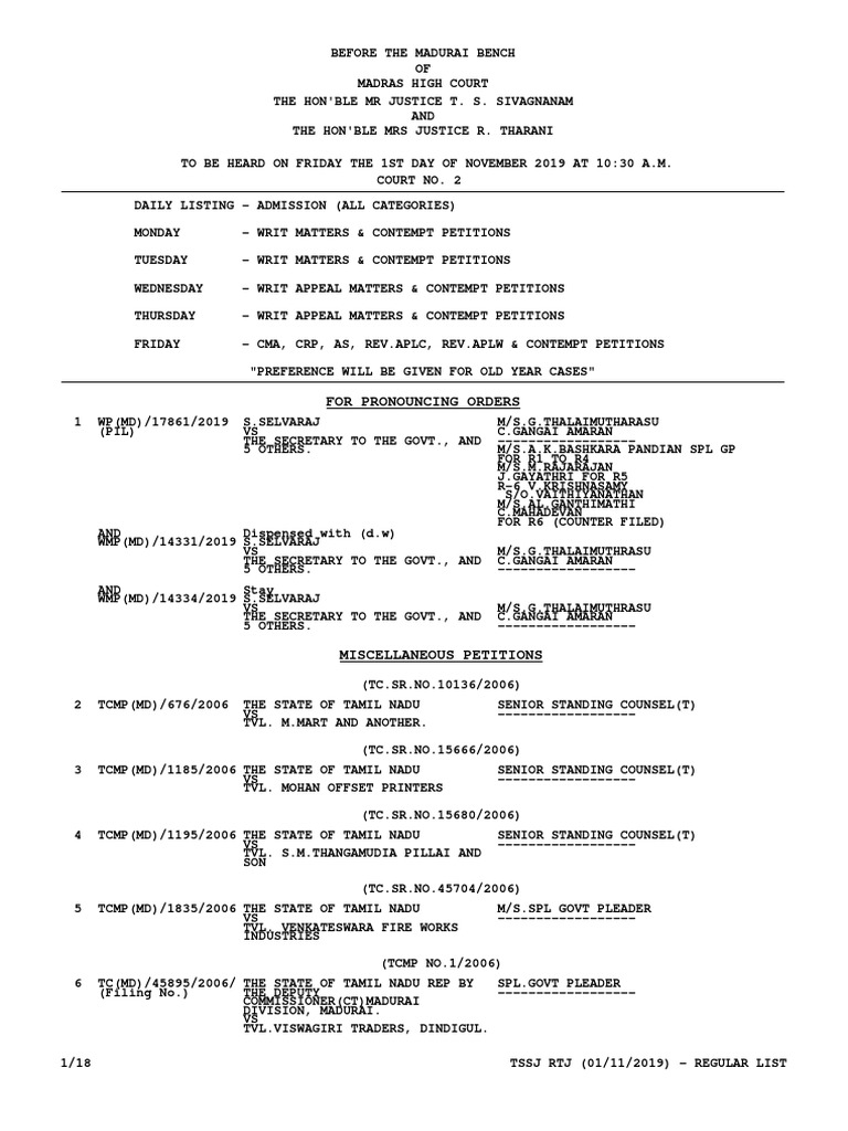 Madurai Bench High Court List Of Cases Tamil Nadu Daily High Court