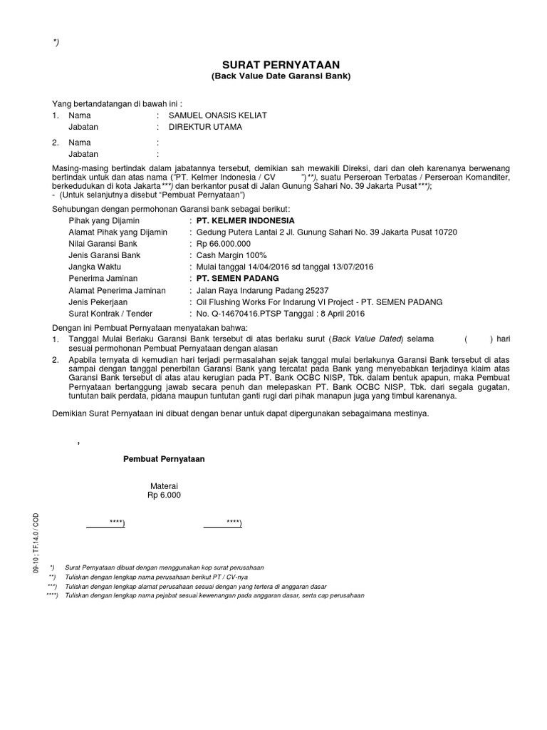Surat pernyataan back dated bg pdf