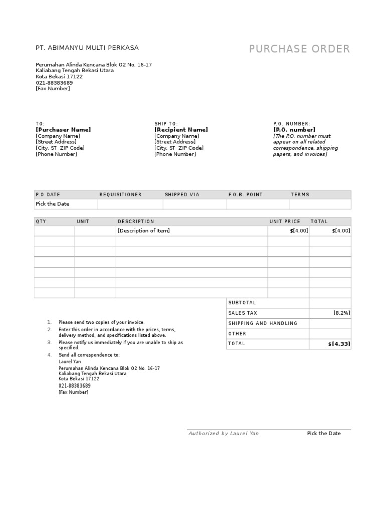 Purchase Order Template Example | PDF | Written Communication | Postal ...