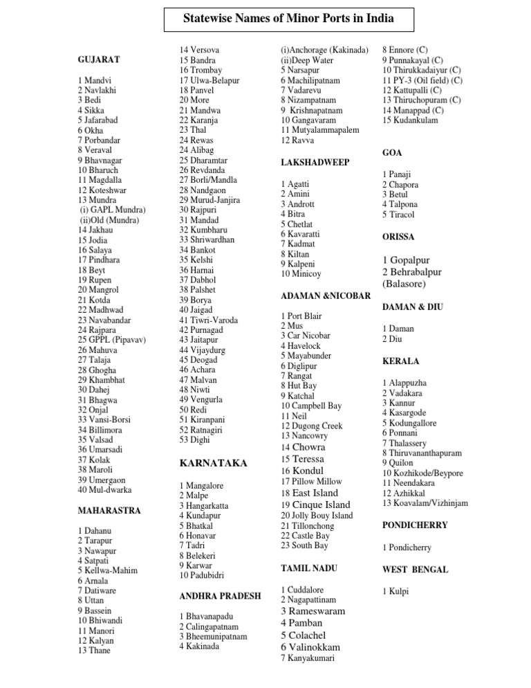 Statewise List of Indian Ports | PDF