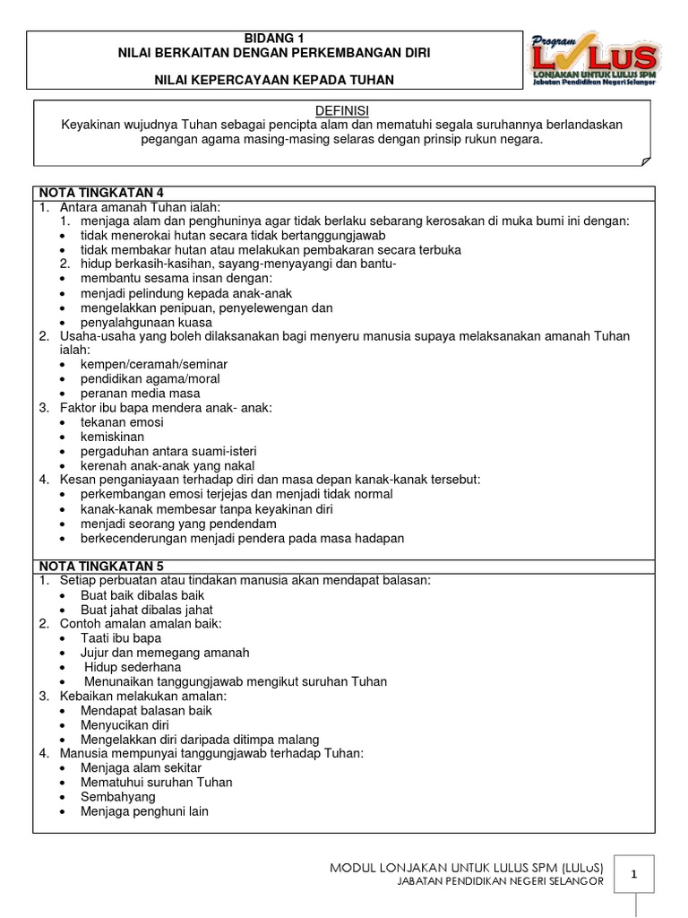 Bidang 1 Nilai Berkaitan Dengan Perkembangan Diri Pdf