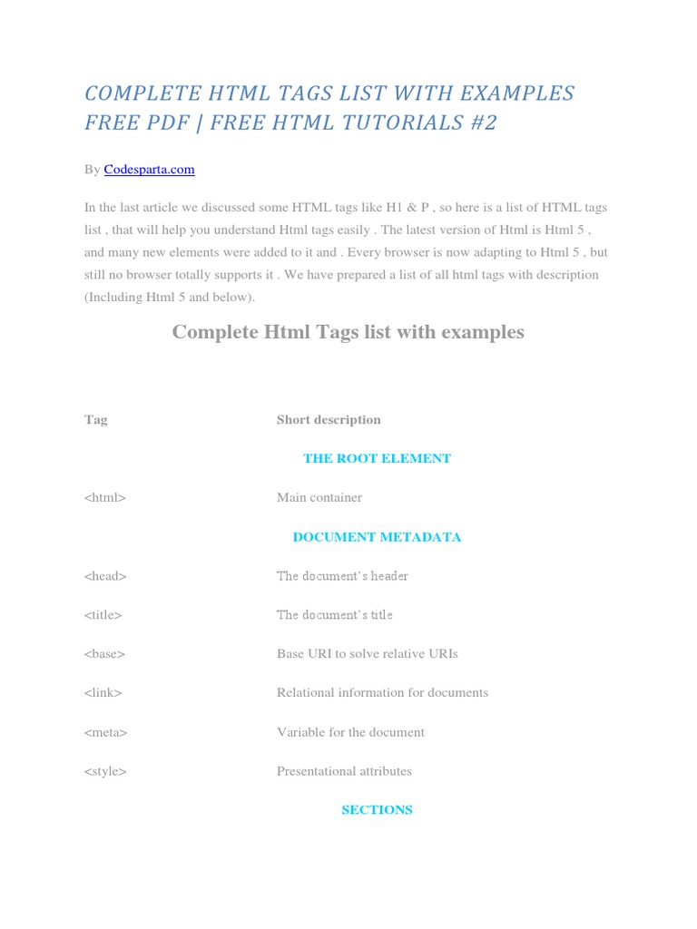 Complete HTML Tags List With Examples Free Pdf1 | PDF | Html | Html Element