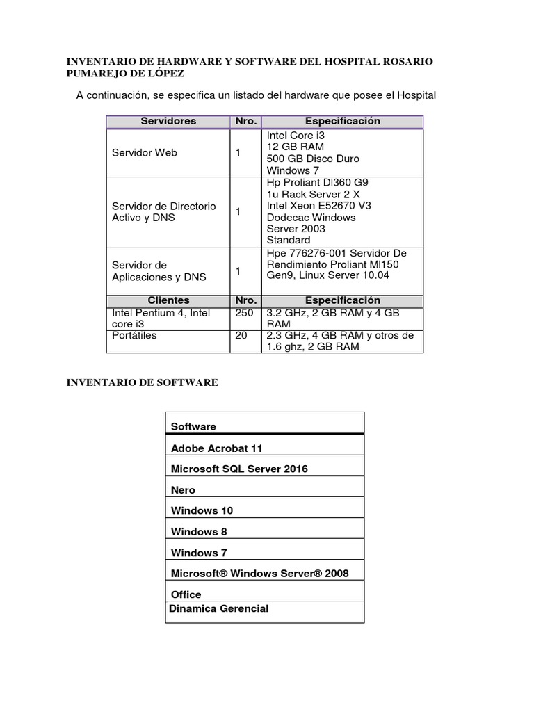 Inventario de Hardware y Software Del Hospital Rosario Pumarejo de ...
