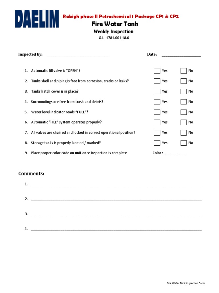 Fire Water Tank Weekly Inspection Form | PDF