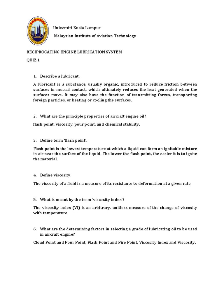 Recip Lubrication Quiz PDF Motor Oil Lubricant
