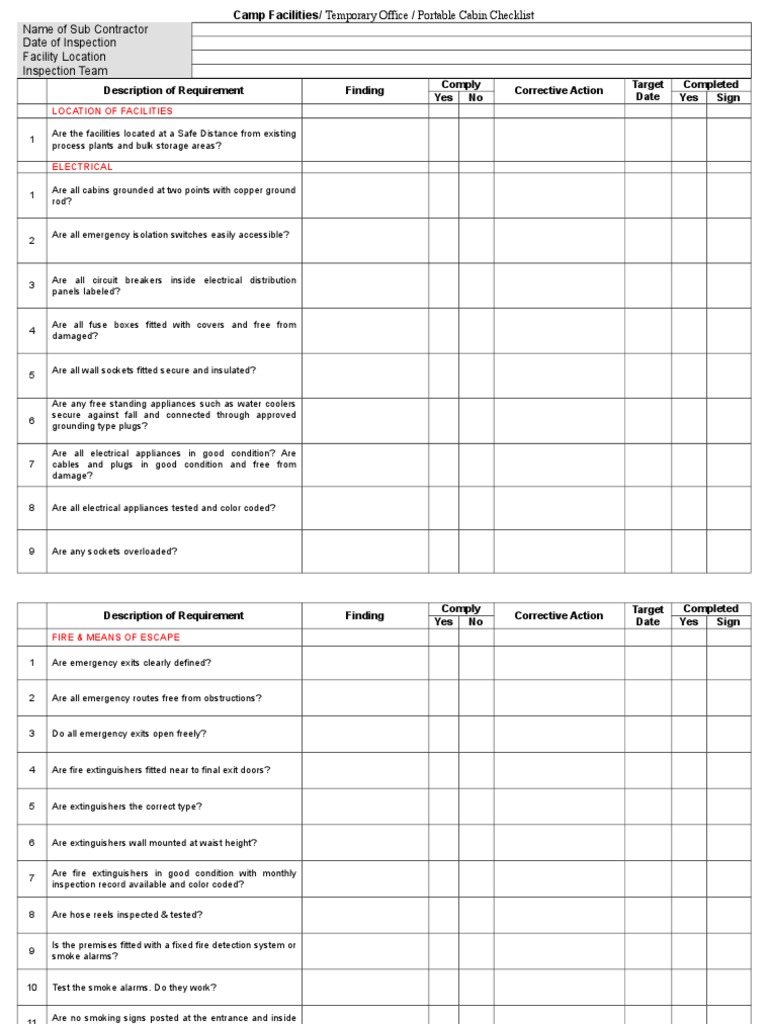 Porta Cabin Inspection Checklist PDF Ac Power Plugs And Sockets