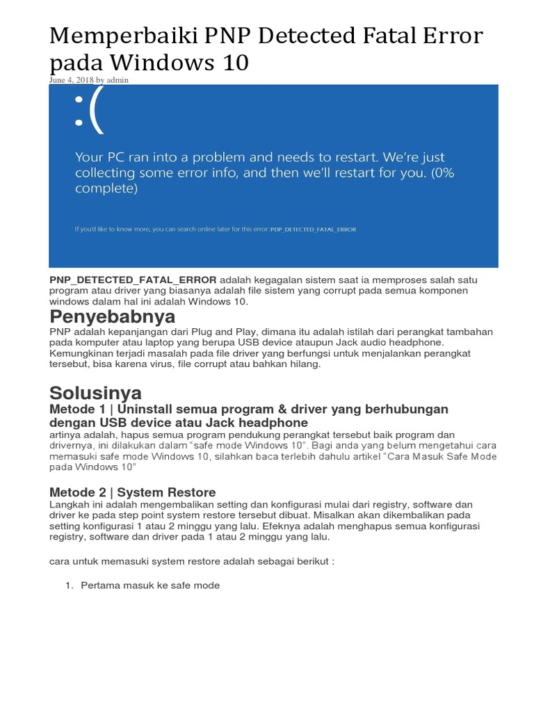 Memperbaiki PNP Detected Fatal Error Pada Windows 10 | PDF