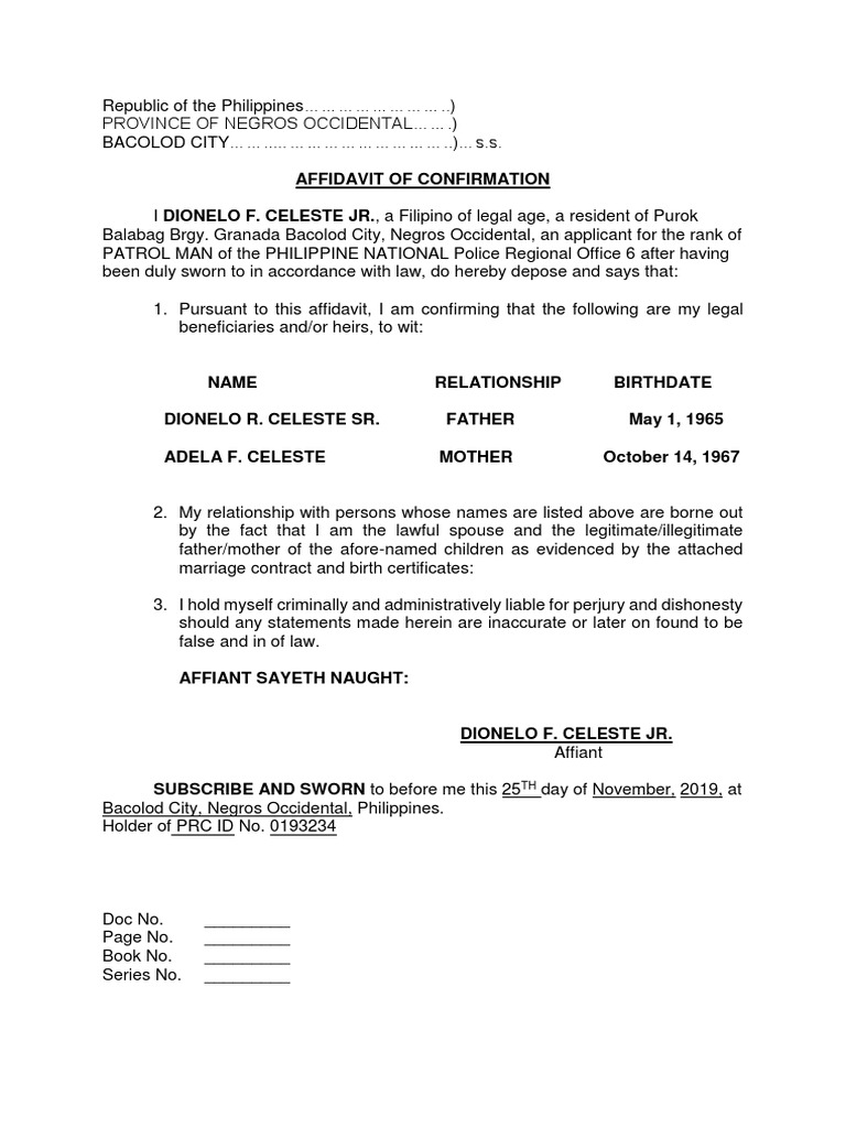 Affidavit of Confirmation for PNP Application | PDF