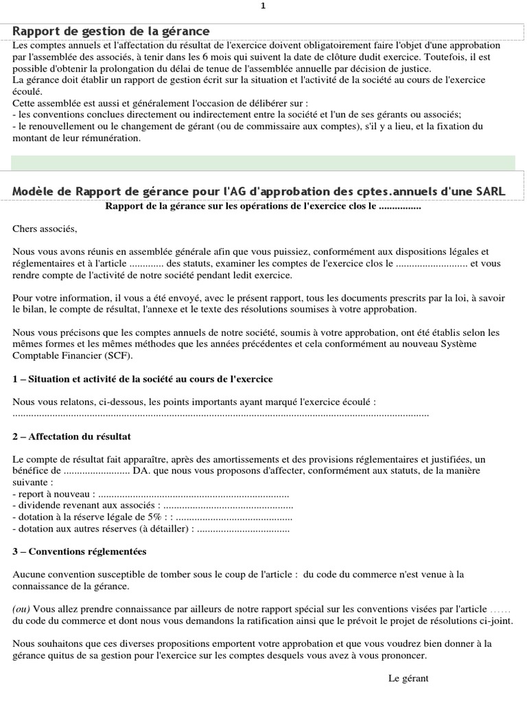 3° Modèle de Rapport de Gestion Et Autres Modèles de PV SARL  C  PDF