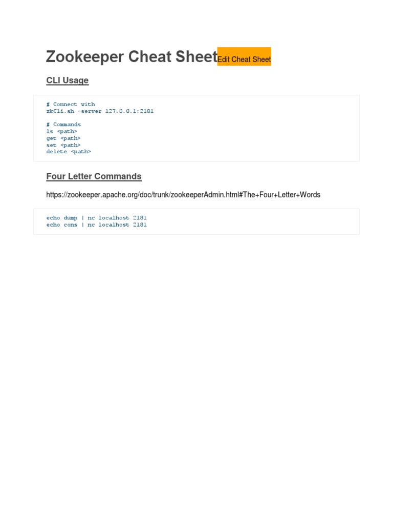 Zookeeper CLI Command Cheat Sheet | PDF