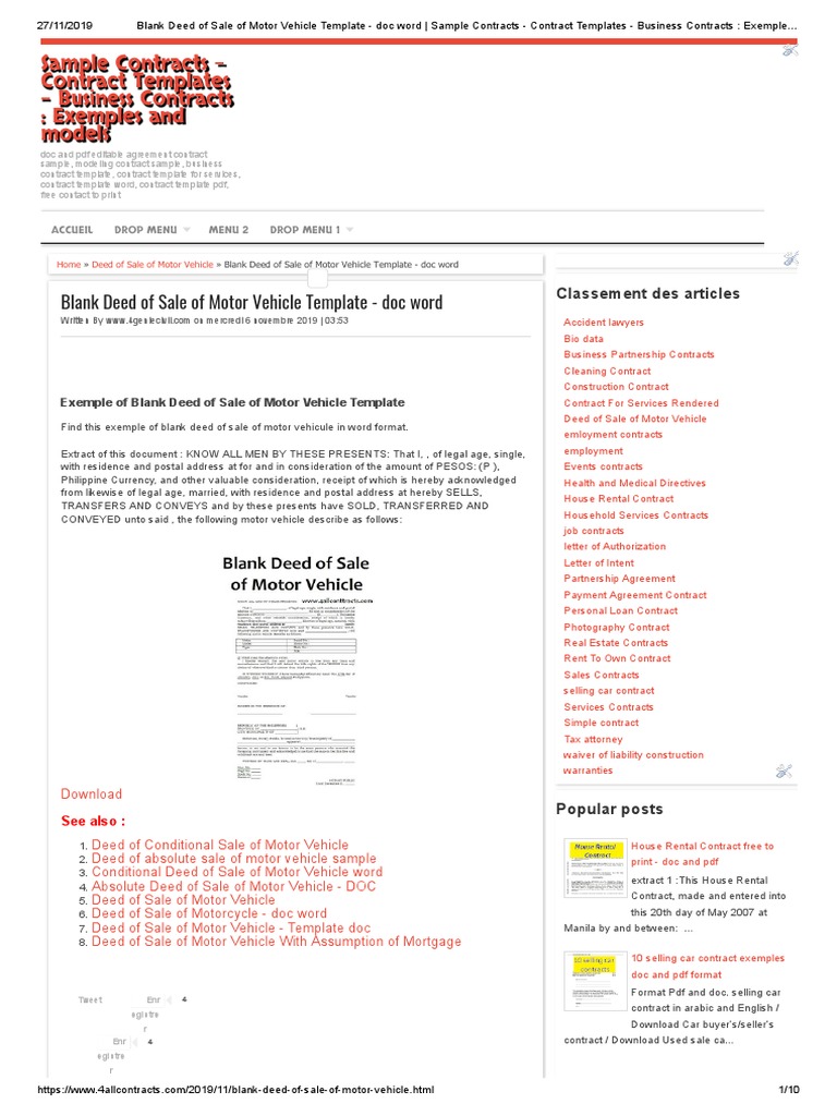 Blank Deed of Sale of Motor Vehicle Template - Doc Format | PDF | Deed ...
