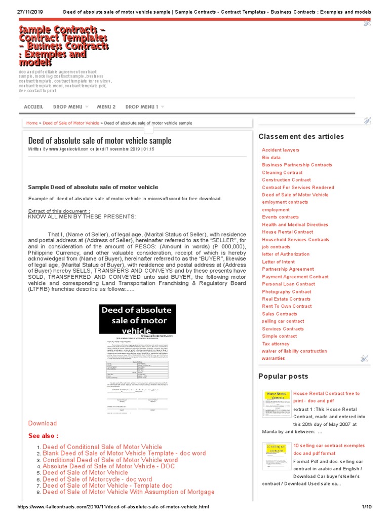 Deed Of Absolute Sale Of Motor Vehicle Sample Doc Deed Law Of Obligations