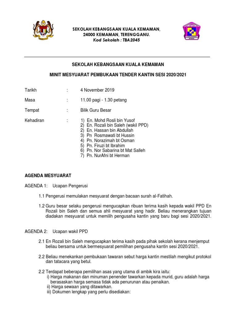 Minit Tender Kantin S3k 2020 Pdf
