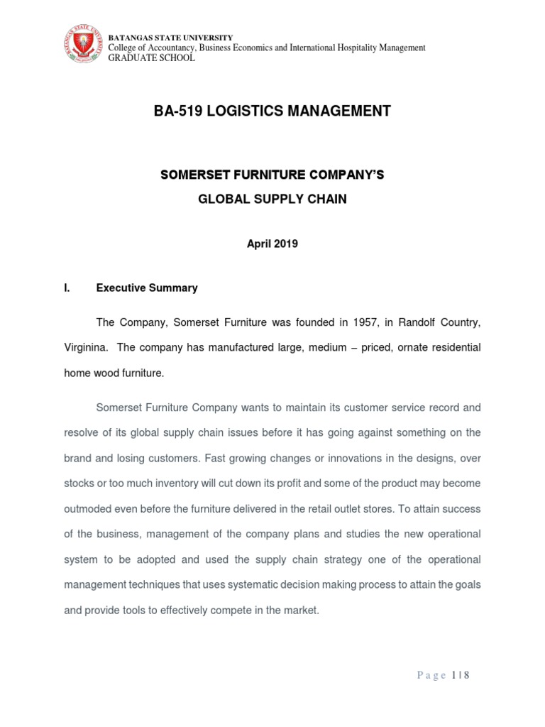 Case Study Somerset Furniture Company PDF Supply Chain Outsourcing