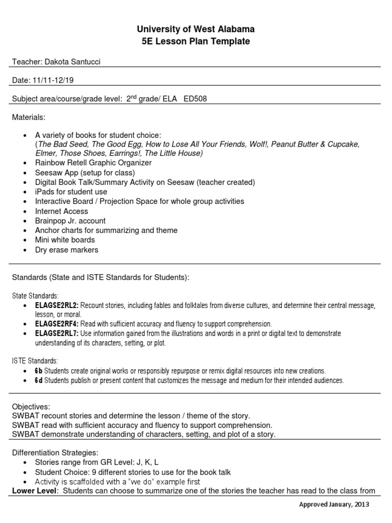 2nd Grade ELA 5E Lesson Plan | PDF | Reading Comprehension | Teaching