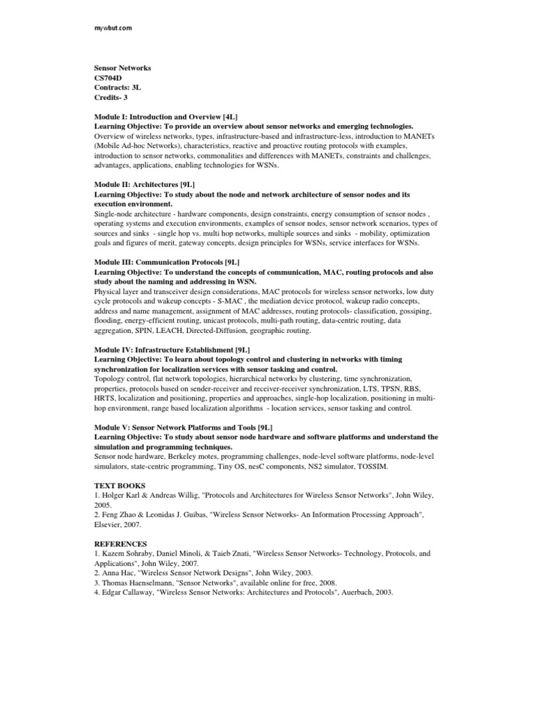 Sensor Networks Syllabus PDF Wireless Sensor Network Wireless Ad