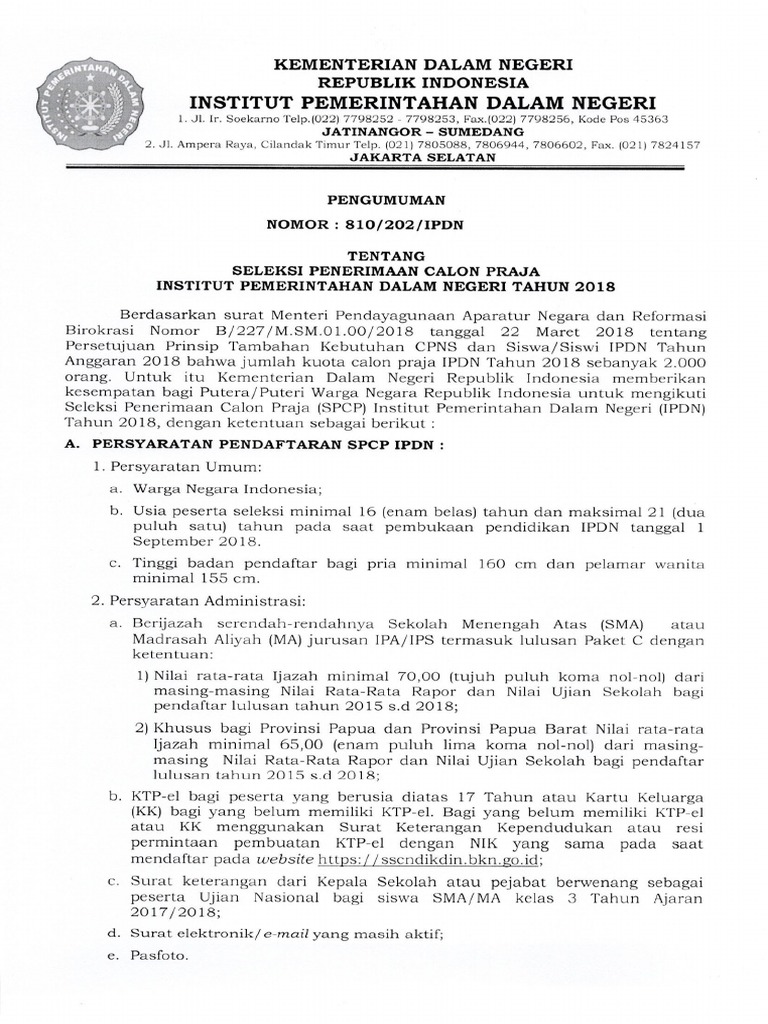 Signed 2 Surat Pengumuman Spcp Ipdn Kemenpan Pdf Pdf