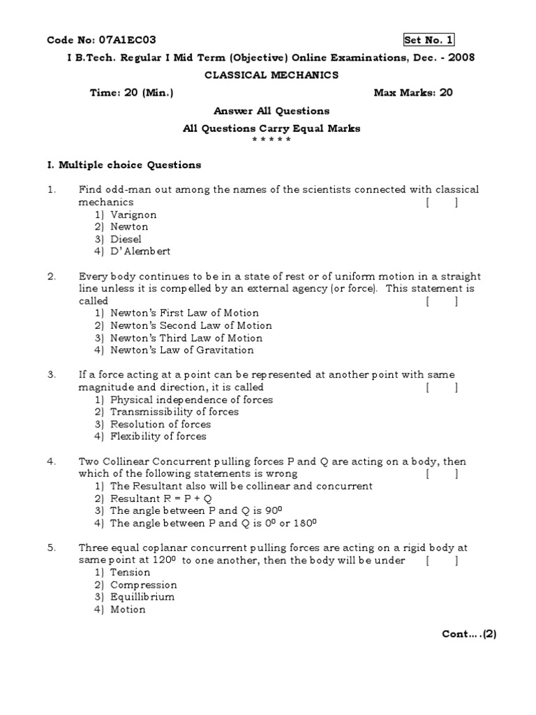 Classical Mechanics MCQs and Answers | PDF | Force | Newton's Laws Of ...