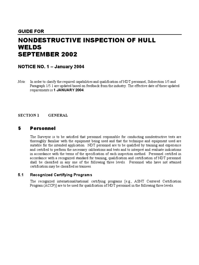 Nondestructive Inspection of Hull Welds September 2002: Guide For | PDF