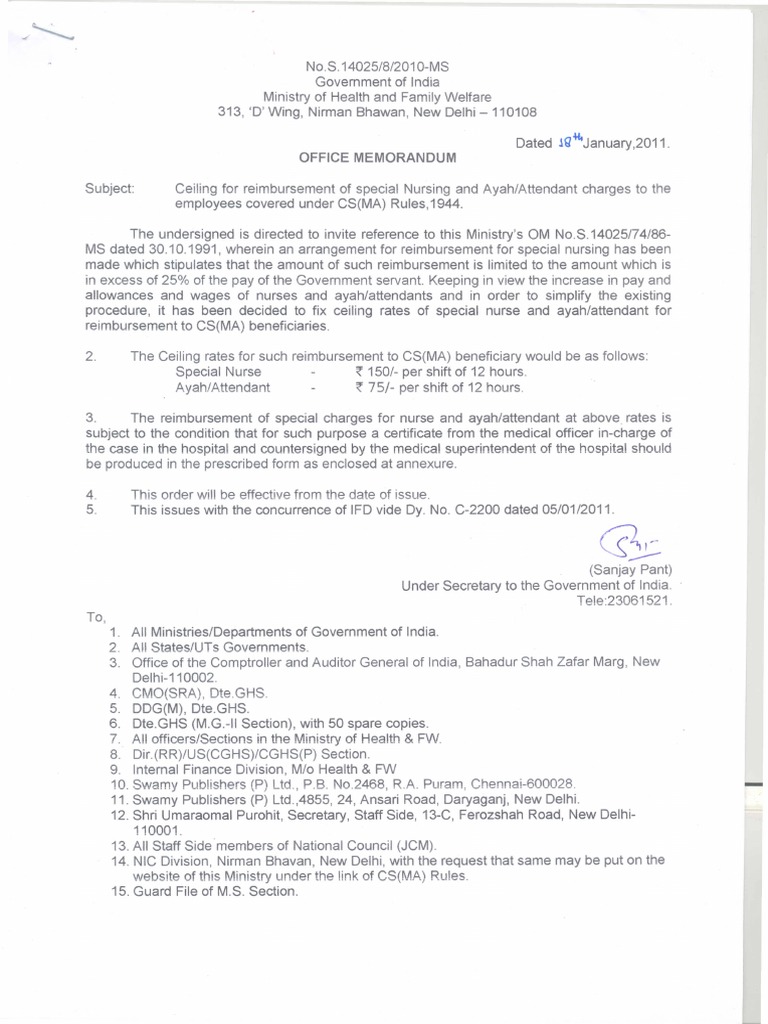 Ceiling For Reimbursement of AYAH Nursing Charges Under CS (MA) Rules