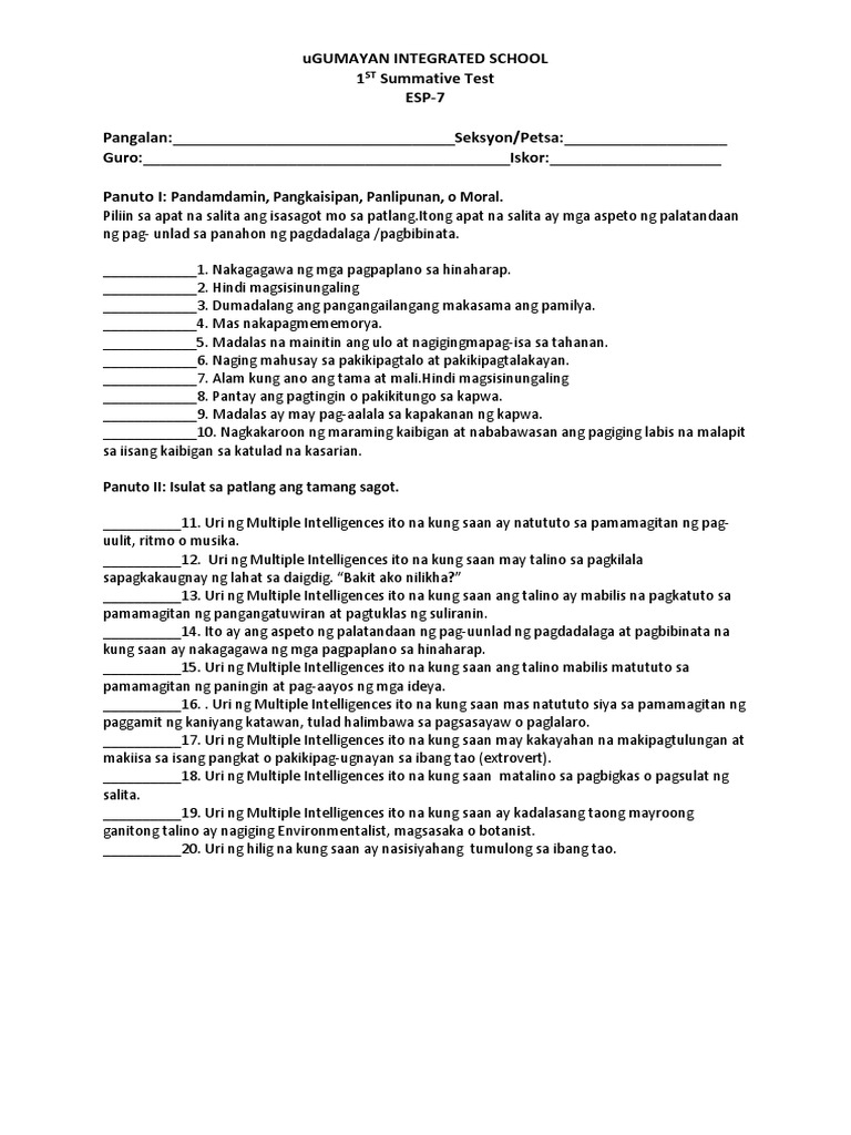 1st Summative Test in Esp | PDF